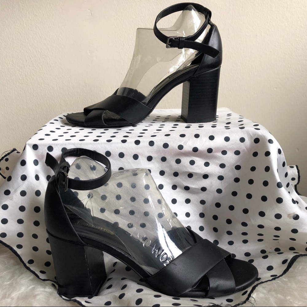 SOLD Matte Black Ankle Strap Stack Heels